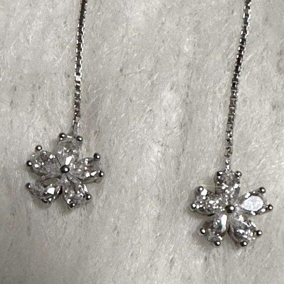925 Silver Glamorous CZ Flower Drop Thread Earrings - Picture 12 of 15
